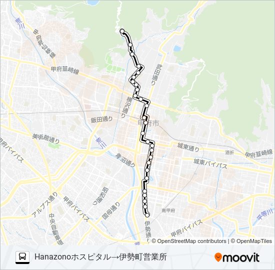 14:HANAZONOホスピタル発  伊勢町営業所方面行き バスの路線図