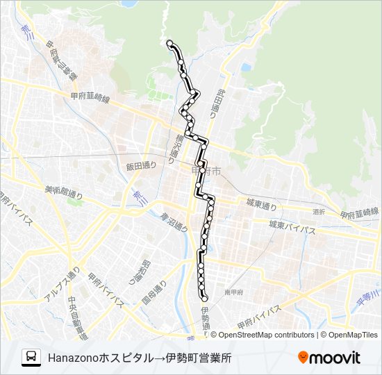 14:HANAZONOホスピタル発  伊勢町営業所方面行き バスの路線図