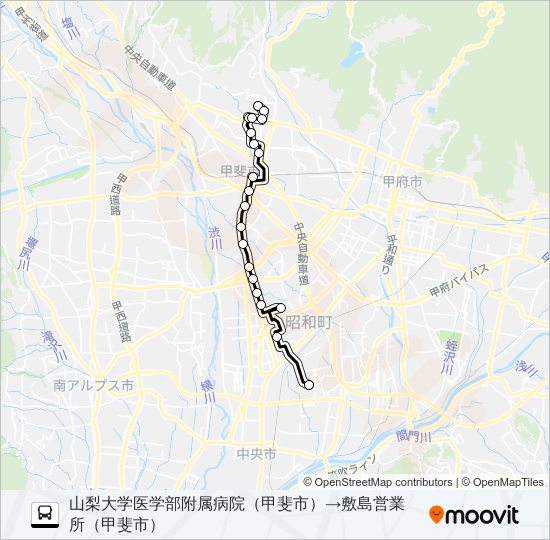 山梨大学医学部附属病院（甲斐市）発  敷島営業所（甲斐市）方面行き bus Line Map