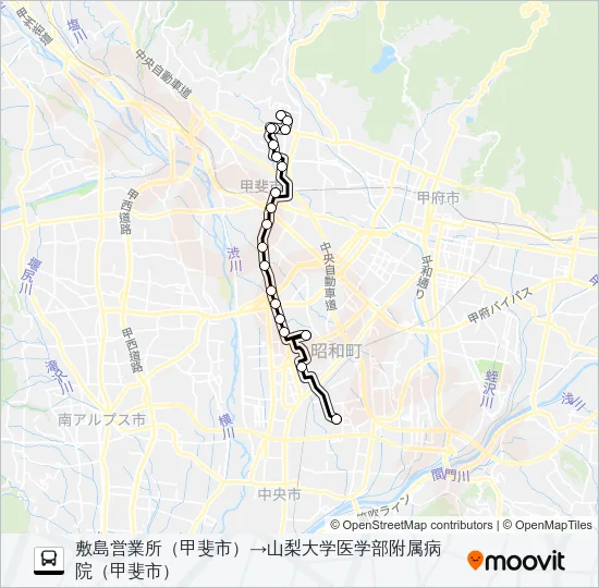 敷島営業所（甲斐市）発  山梨大学医学部附属病院（甲斐市）方面行き バスの路線図