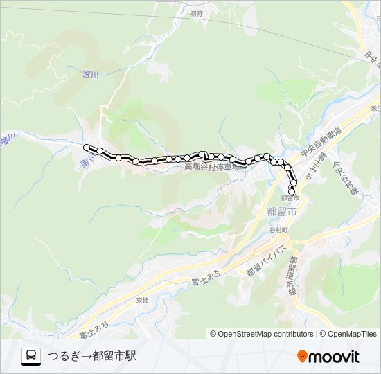 つるぎ発  都留市駅方面行き バスの路線図