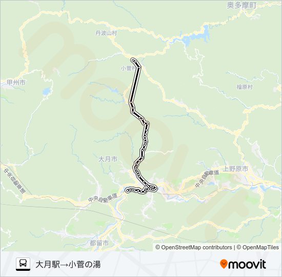 大月駅発  小菅の湯方面行き バスの路線図