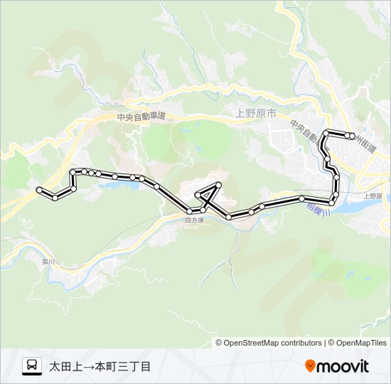 太田上発  本町三丁目方面行き バスの路線図