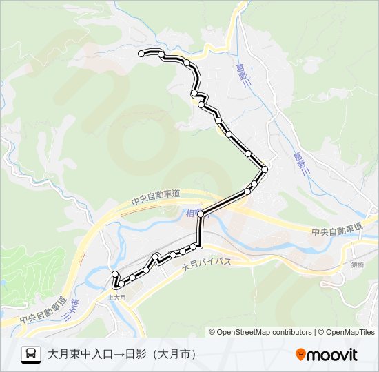 大月東中学校前発  日影方面行き バスの路線図