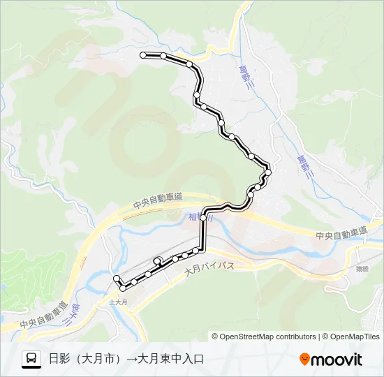 日影発  大月東中学校前方面行き Bus Line Map