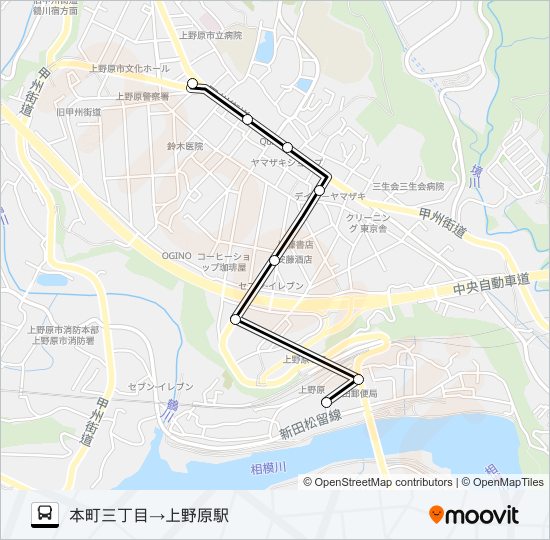 本町三丁目発  上野原駅方面行き バスの路線図