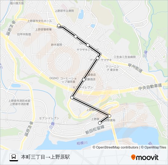 本町三丁目発  上野原駅方面行き Bus Line Map