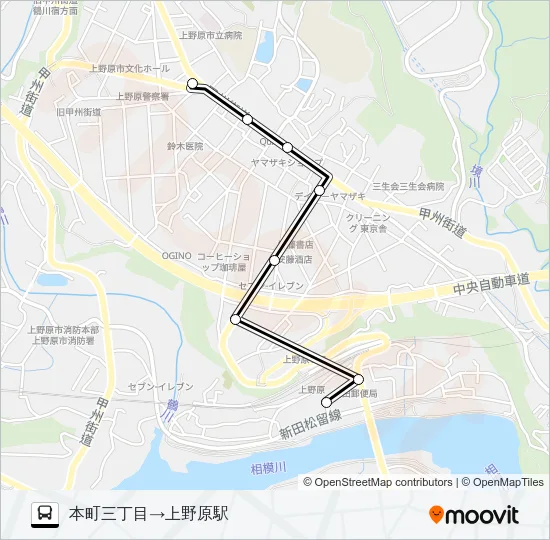 本町三丁目発  上野原駅方面行き Bus Line Map