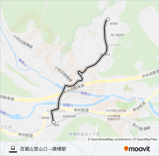 百蔵山登山口発  猿橋駅方面行き バスの路線図