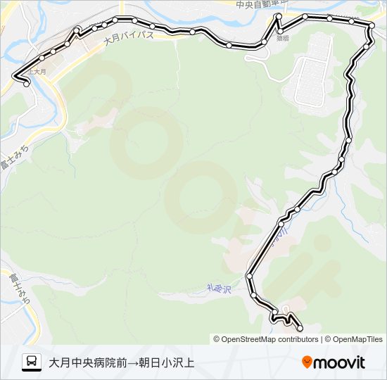 中央病院前発  朝日小沢上方面行き バスの路線図