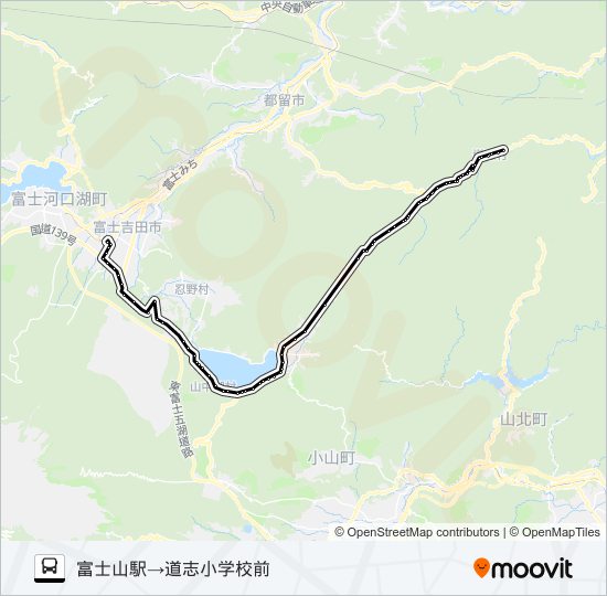 富士山駅発  道志小学校前方面行き バスの路線図