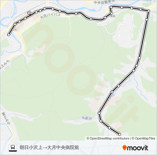 朝日小沢上発  中央病院前方面行き バスの路線図