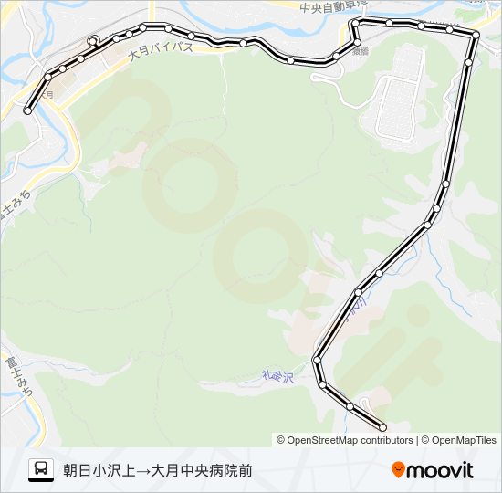 朝日小沢上発  中央病院前方面行き バスの路線図