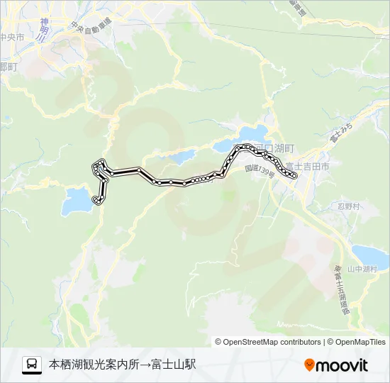 本栖湖レストハウス発  富士山駅方面行き Bus Line Map