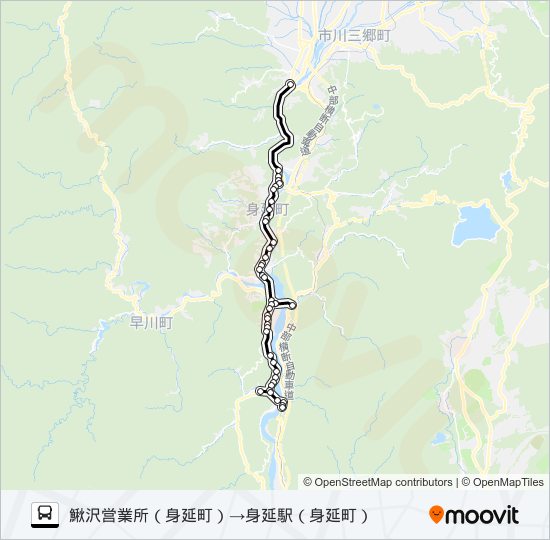 鰍沢(営)→身延駅 バスの路線図