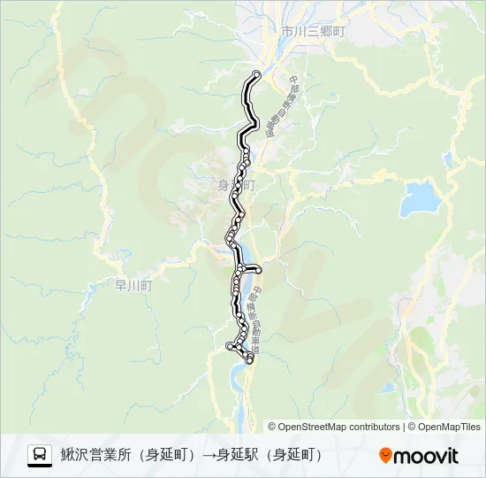 鰍沢(営)→身延駅 Bus Line Map