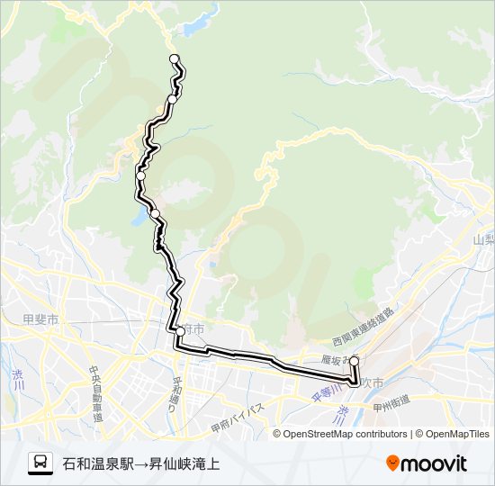 石和温泉駅発  発 （快速）千代田湖経由　昇仙峡滝上 行き bus Line Map