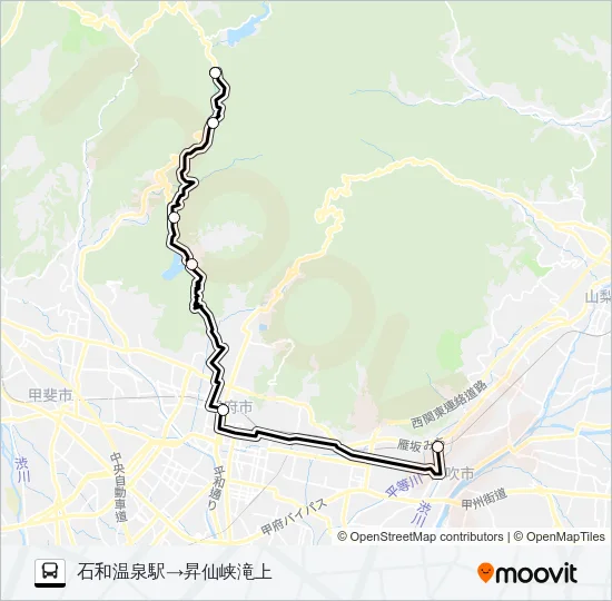 石和温泉駅発  発 （快速）千代田湖経由　昇仙峡滝上 行き Bus Line Map