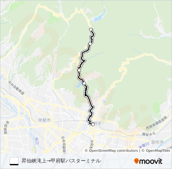 昇仙峡滝上  発 （快速）千代田湖経由　甲府駅バスターミナル 行き バスの路線図