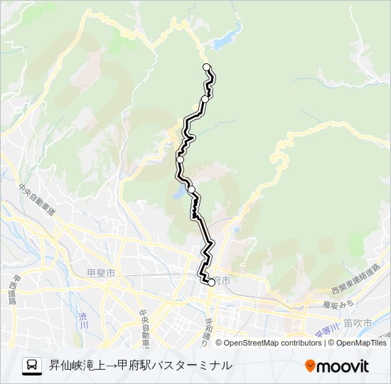 昇仙峡滝上  発 （快速）千代田湖経由　甲府駅バスターミナル 行き Bus Line Map