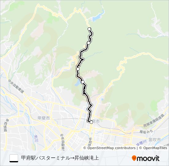 甲府駅バスターミナル  発 （快速）千代田湖経由　昇仙峡滝上 行き バスの路線図