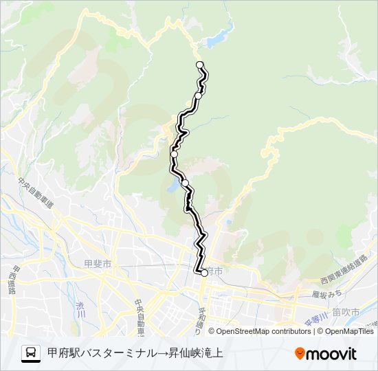 甲府駅バスターミナル  発 （快速）千代田湖経由　昇仙峡滝上 行き バスの路線図