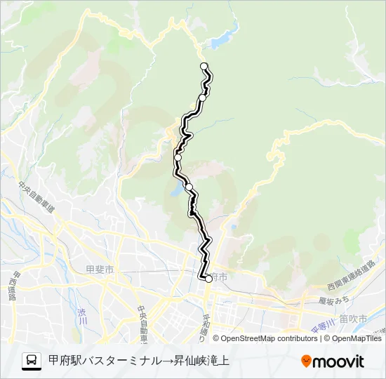 甲府駅バスターミナル  発 （快速）千代田湖経由　昇仙峡滝上 行き バスの路線図