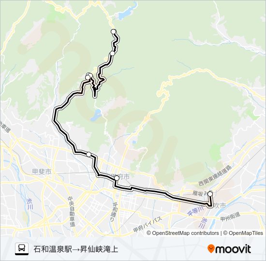 09:石和温泉駅発  発 （快速）グリーンライン経由　昇仙峡滝上 行き バスの路線図