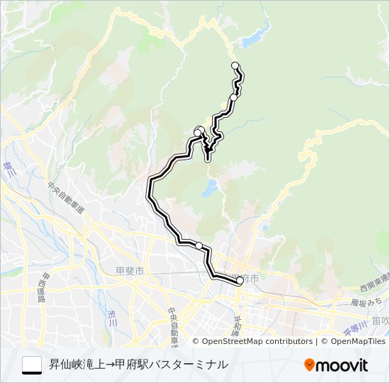 09:昇仙峡滝上  発 （快速）グリーンライン経由　甲府駅バスターミナル 行き bus Line Map
