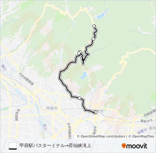 09:甲府駅バスターミナル  発 （快速）グリーンライン経由　昇仙峡滝上 行き バスの路線図