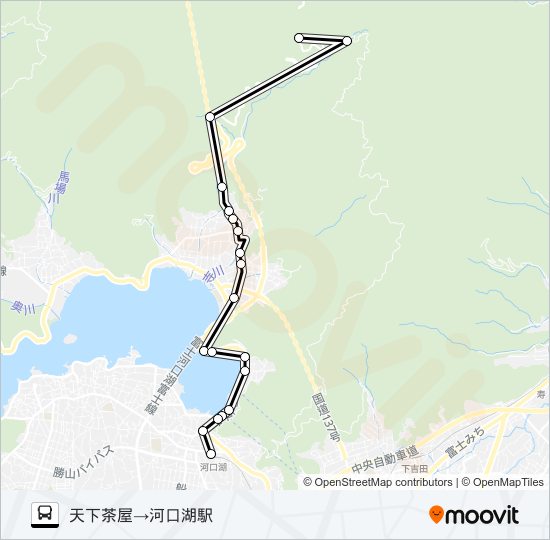 天下茶屋発  河口湖駅方面行き バスの路線図