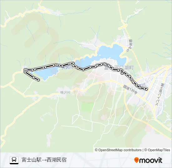 富士山駅発  西湖民宿方面行き Bus Line Map