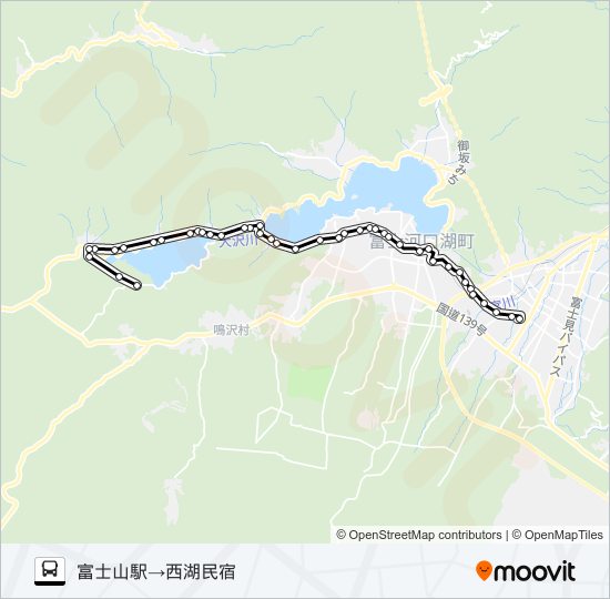 富士山駅発  西湖民宿方面行き バスの路線図
