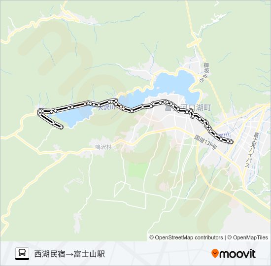 西湖民宿発  富士山駅方面行き バスの路線図
