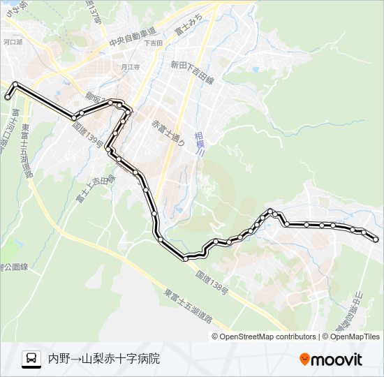 内野発  山梨赤十字病院方面行き バスの路線図
