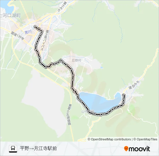 山中湖平野発  月江寺駅前方面行き Bus Line Map