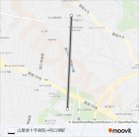 山梨赤十字病院発  河口湖駅方面行き bus Line Map