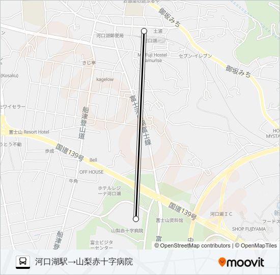 河口湖駅発  山梨赤十字病院方面行き bus Line Map