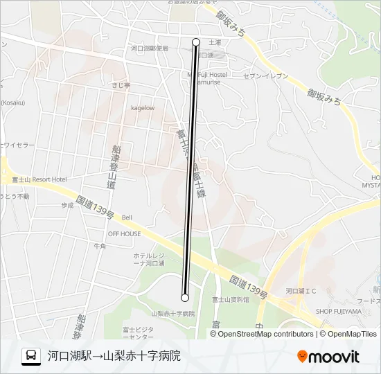 河口湖駅発  山梨赤十字病院方面行き バスの路線図