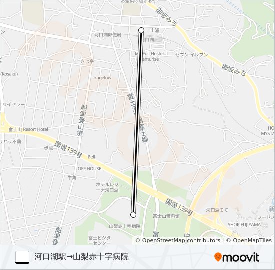 河口湖駅発  山梨赤十字病院方面行き bus Line Map