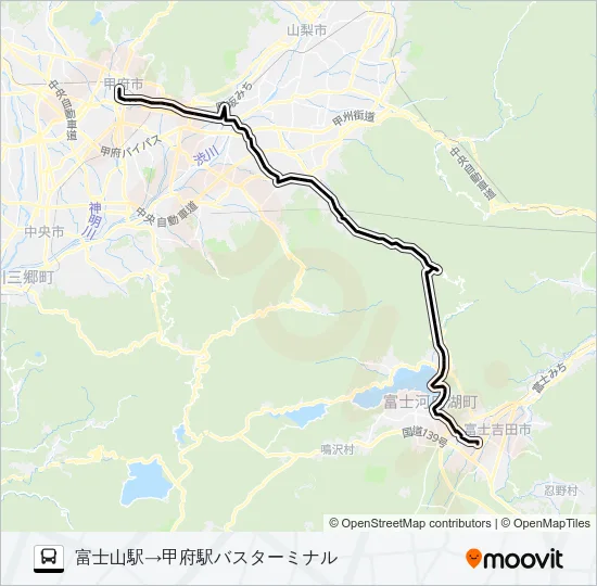 富士山駅発  甲府駅バスターミナル方面行き Bus Line Map