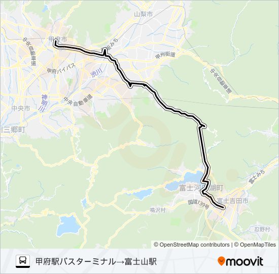 甲府駅バスターミナル発  富士山駅方面行き バスの路線図