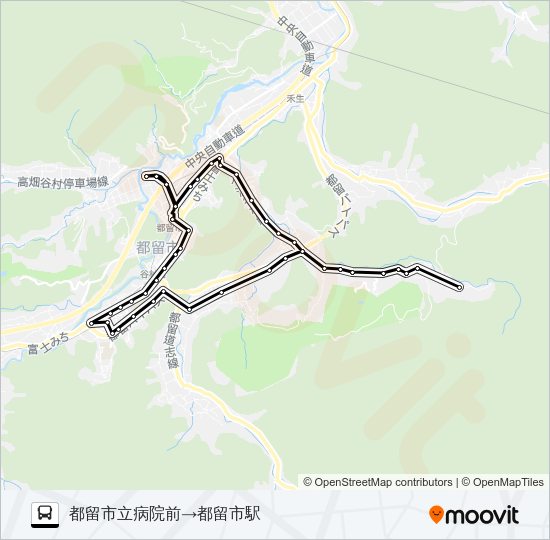 都留市立病院前発  都留市駅方面行き バスの路線図