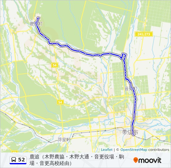 52ルート スケジュール 停車地 地図 鹿追 木野農協 木野大通 音更役場 駒場 音更高校経由