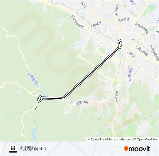 札幌～豊平峡温泉 バスの路線図