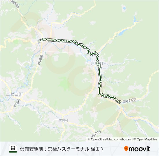 伊達~大滝~喜茂別~京極~倶知安 バスの路線図