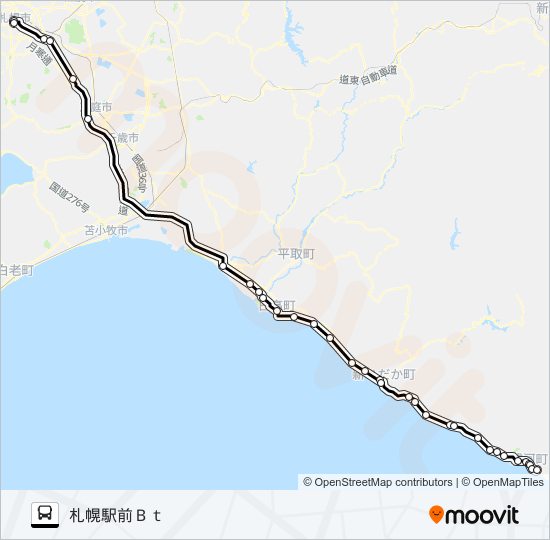 札幌～浦河 バスの路線図