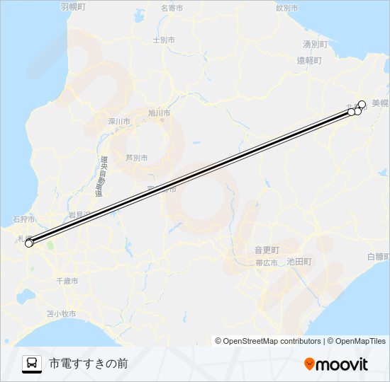 札幌～北見 バスの路線図