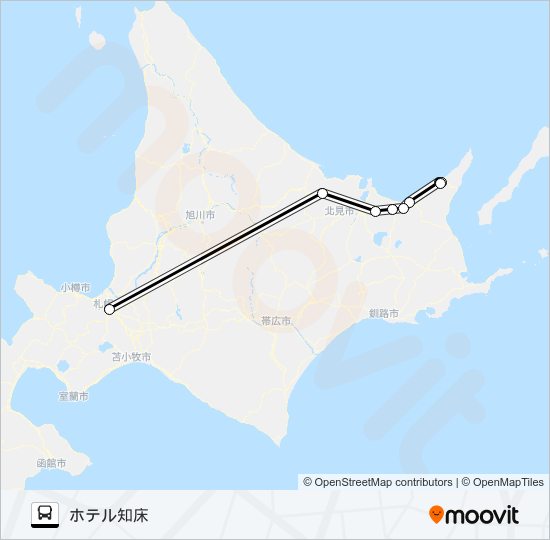 札幌～知床 バスの路線図