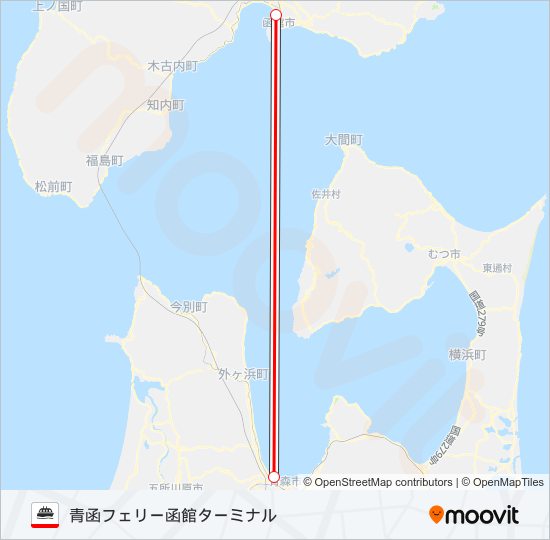 函館-青森 フェリーの路線図